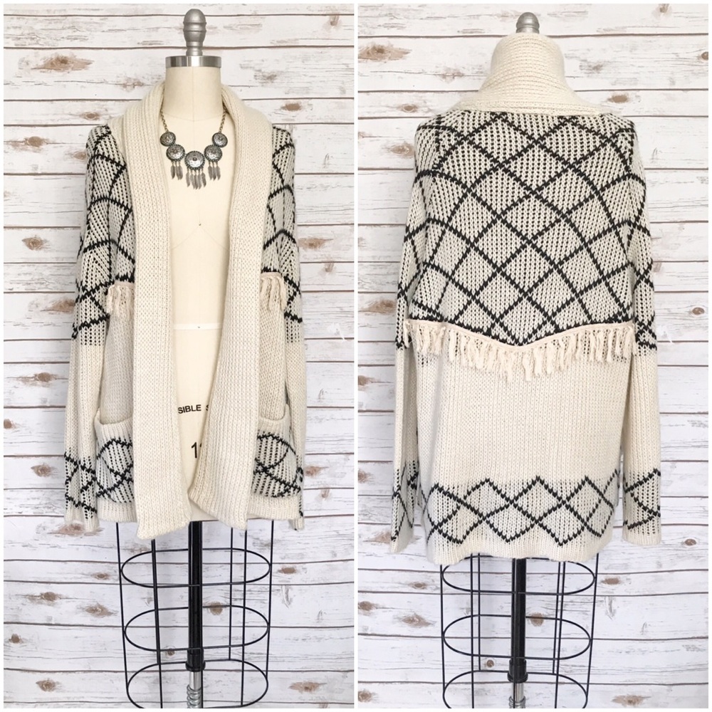 BLACK COLLECTION Knit Tribal Boho Fringe Sweater